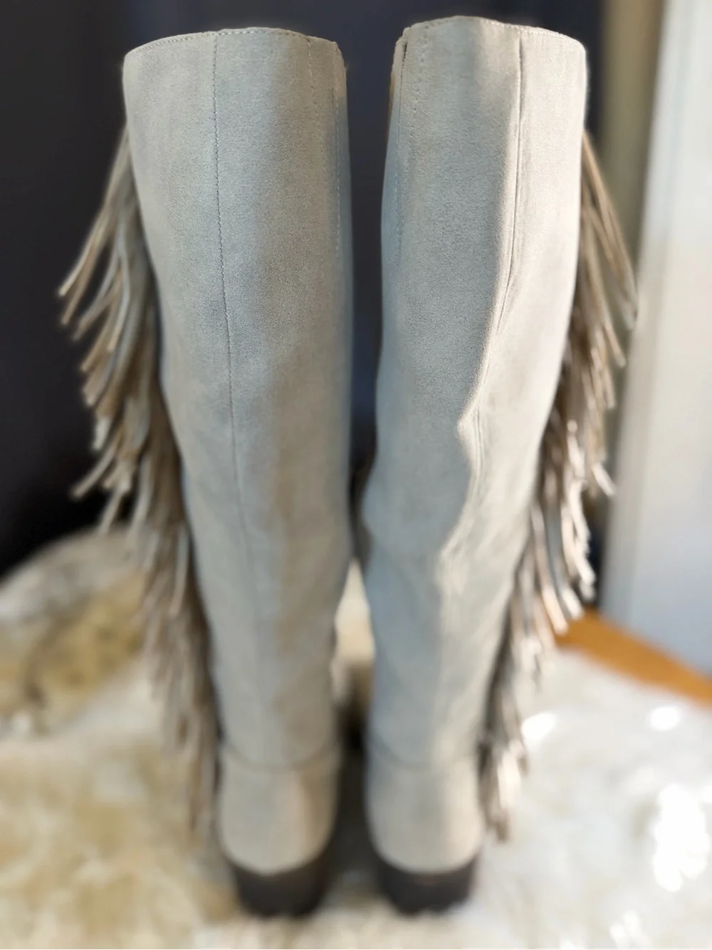 NEW!! Fringe Knee-High Western Boots in Light Beige